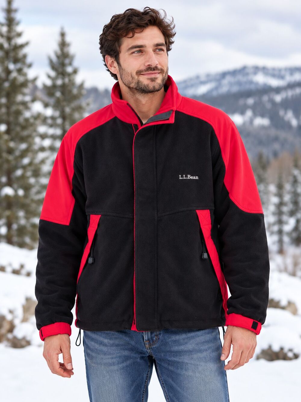 L.L.Bean Men's LRG Fleece Jacket Black Red Full Zip Windbloc Outdoor Winter Coat